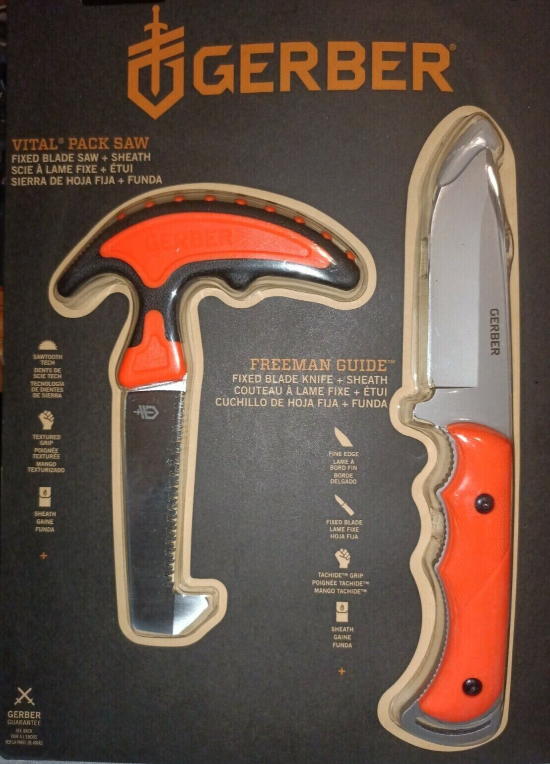Gerber Freeman Guide Orange Fixed Blade hunting knife and vital pack saw combo