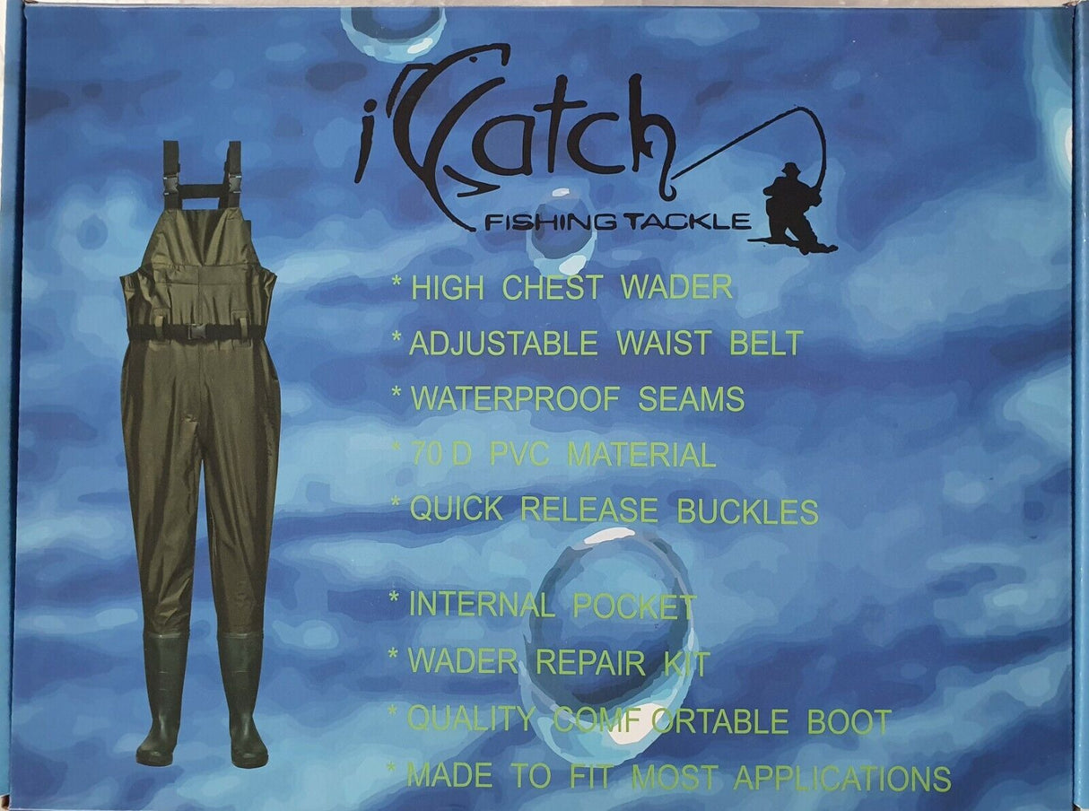 I Catch Waterproof Fishing High Chest WADERS Size 10 + Belt + Internal Pocket